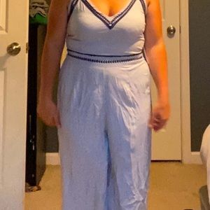Women’s blue and white spaghetti strap, long pant, wide leg jumpsuit